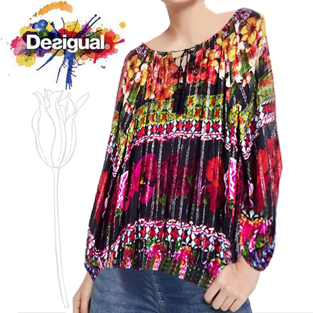 Desigual Multicolor Floral Long Sleeve Tassel Tie Top
